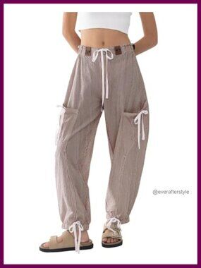 Striped Barrel Pants Drawstring Baggy Boyfriend Y2K Streetwear Parachute with